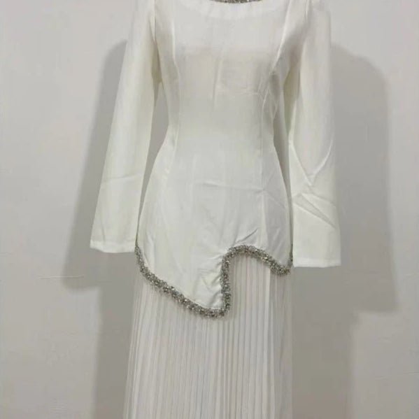 Elegant Pleated Abaya Dress with Diamond Embellished Collar & Waist | Modest Muslim Maxi Dress with Back Strap Detail(MA294)
