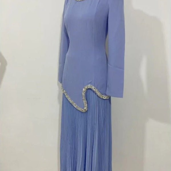 Elegant Pleated Abaya Dress with Diamond Embellished Collar & Waist | Modest Muslim Maxi Dress with Back Strap Detail(MA294)