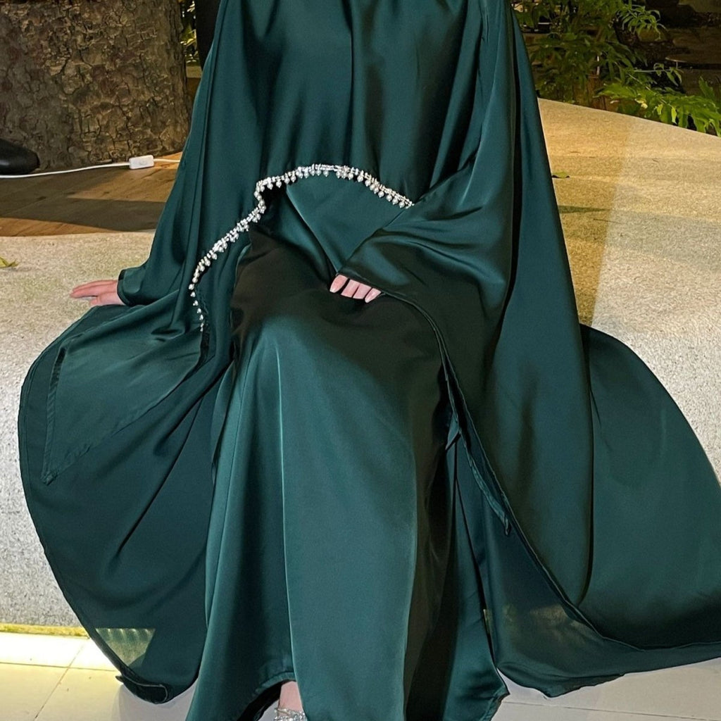 Elegant Satin Abaya with Rhinestone Cape | Luxurious Modest Evening Dress (MA327)
