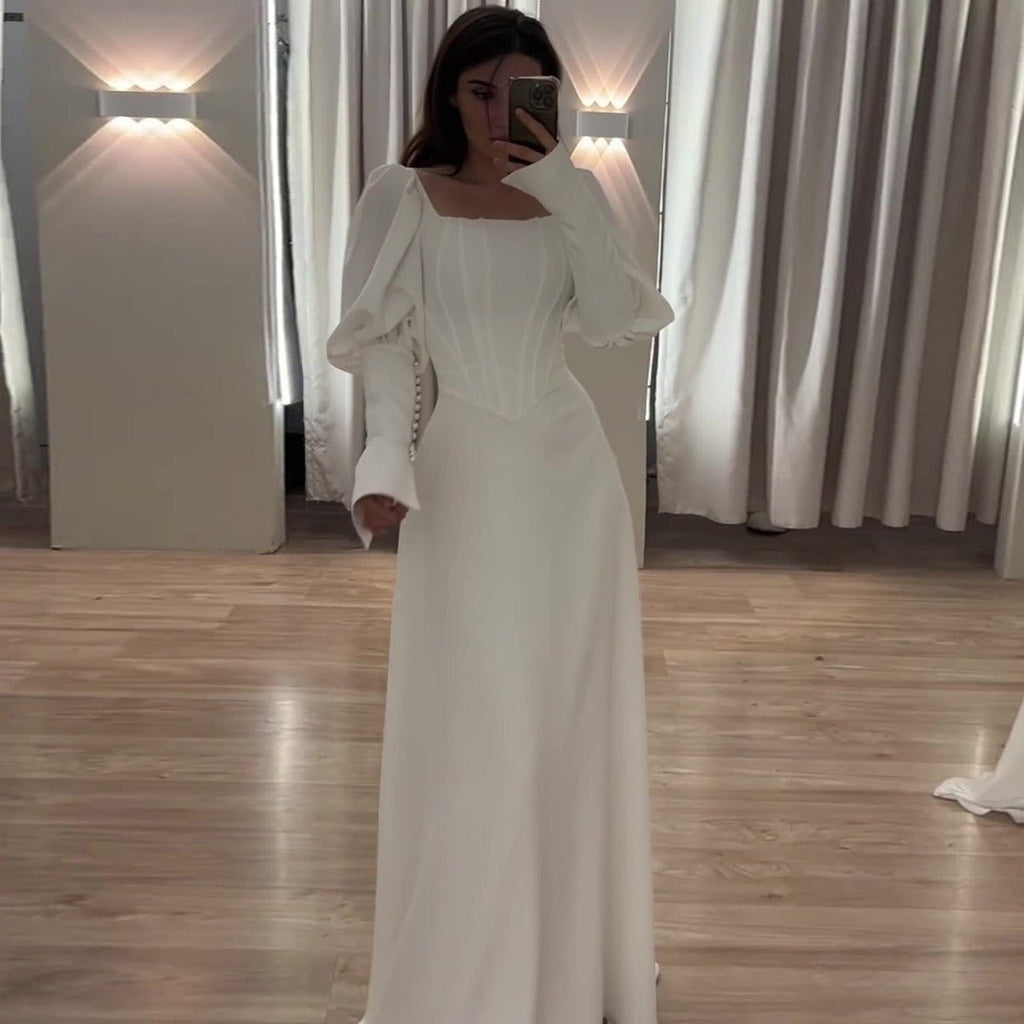 Elegant White Square Neck Long Sleeve Bubble Sleeve Modest Dress Abaya  (MA228)