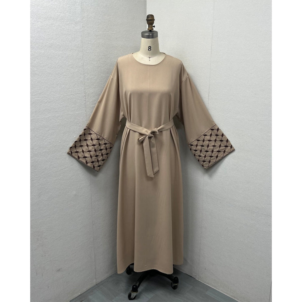 Embroidered Pattern Abaya Robe Dress - Modest Muslim Long Sleeve Maxi with Detachable Belt(MA272)