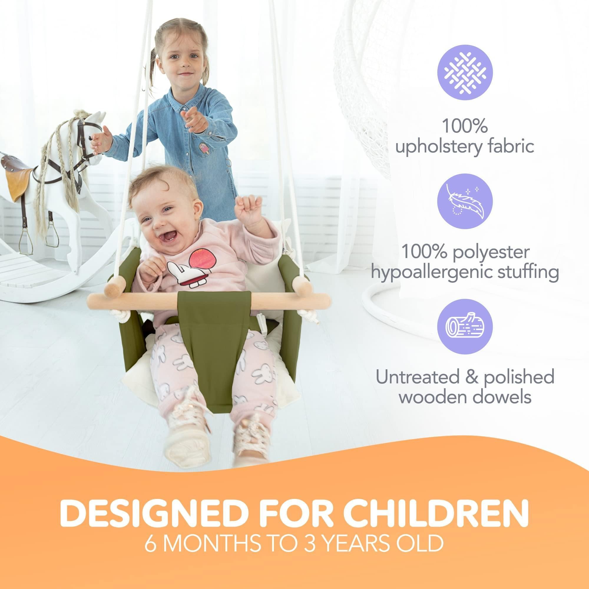 Canvas Baby Swing Wooden Hanging Swing Seat Chair with Safety Belt Durable Baby Swing Chair Outdoor and Indoor Swing for Kids Mounting Hardware Included Green