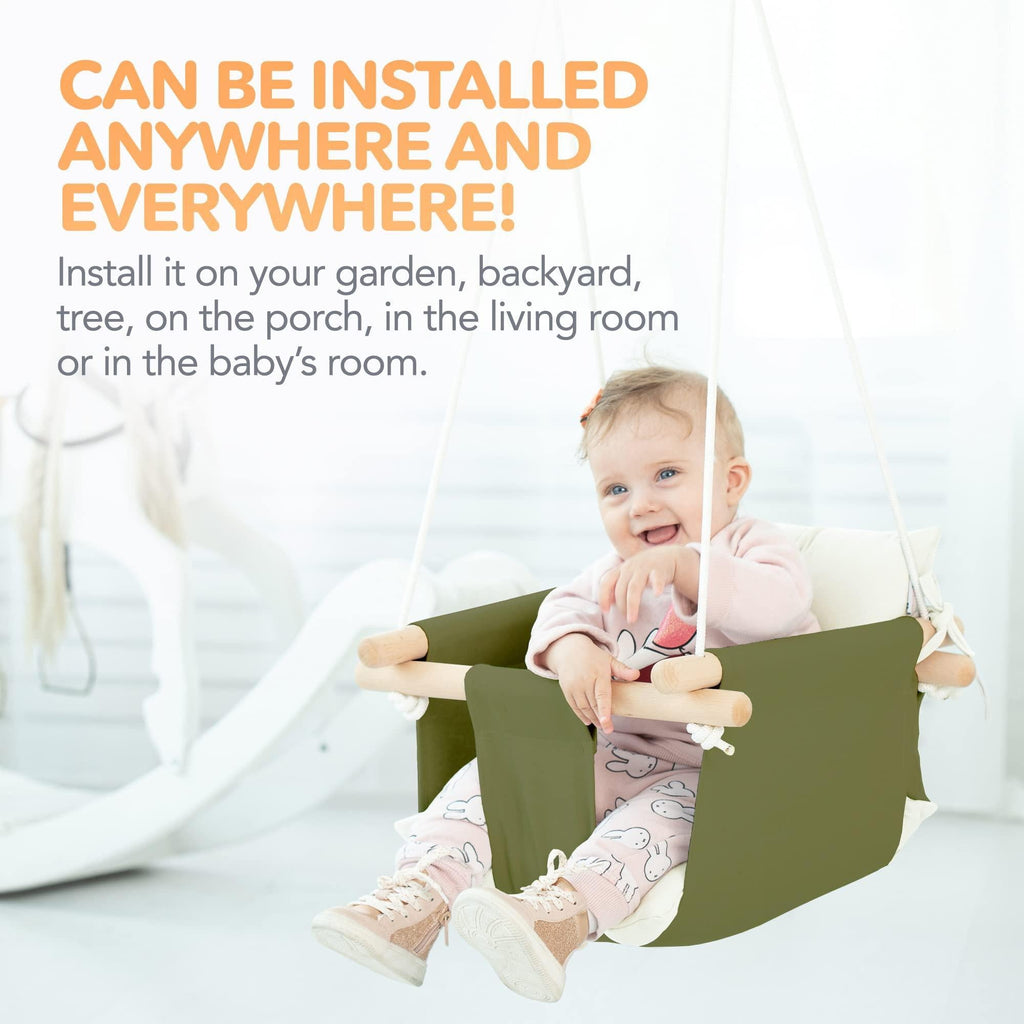 Canvas Baby Swing Wooden Hanging Swing Seat Chair with Safety Belt Durable Baby Swing Chair Outdoor and Indoor Swing for Kids Mounting Hardware Included Green