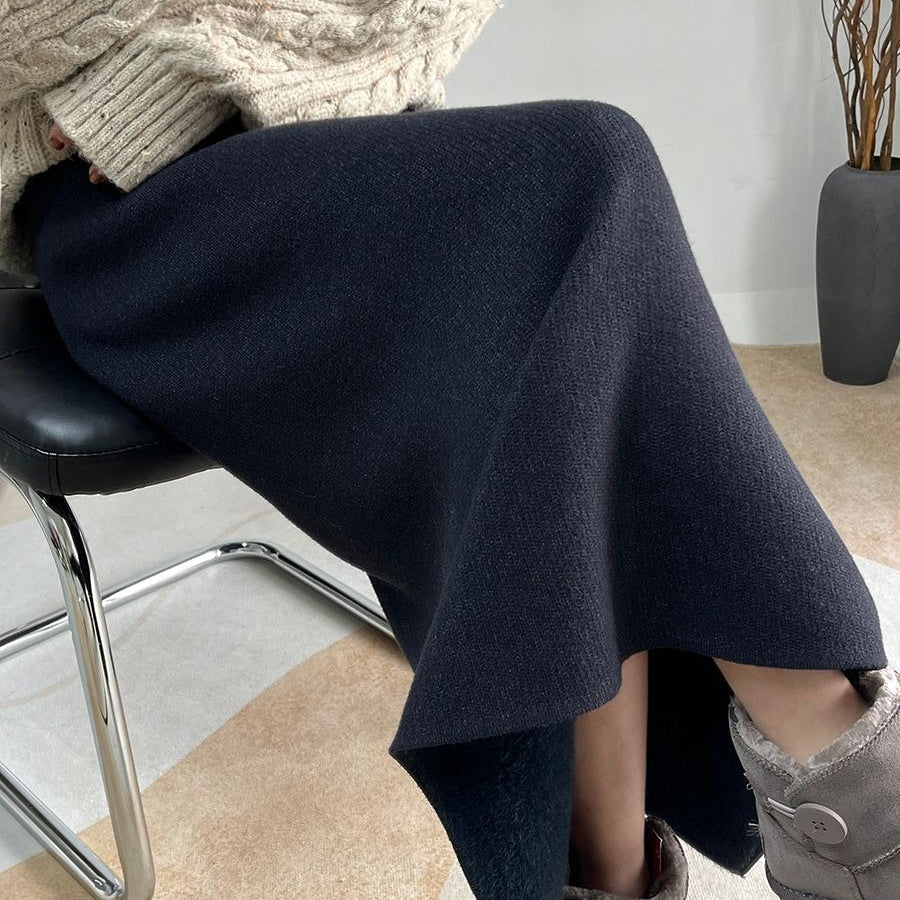 Winter Fleece Midi Skirt | Warm Knit High-Waist Skirt with Side Slit (MS207)