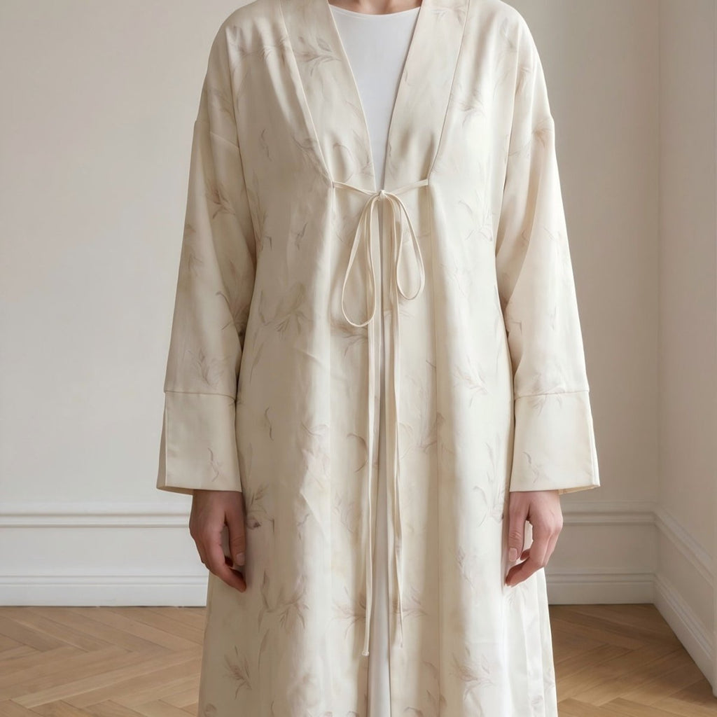 Floral Bird Print Satin Open Abaya(MOA322)