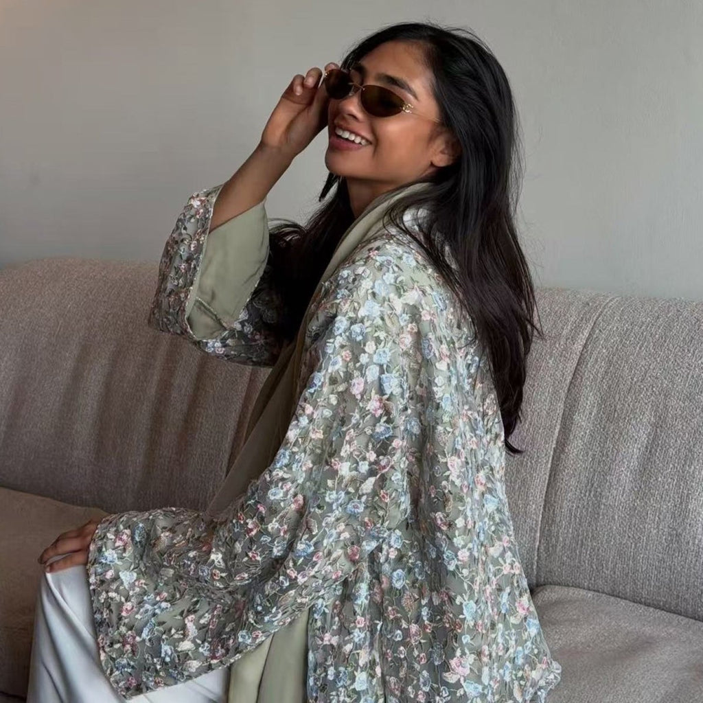 Floral Embroidered Mesh Open Abaya & Hijab Set(MOA321)
