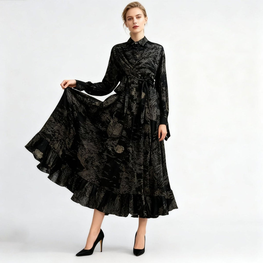 Floral Jacquard Wrap Dress | Collared Tie-Sleeve Maxi Dress(MS257)