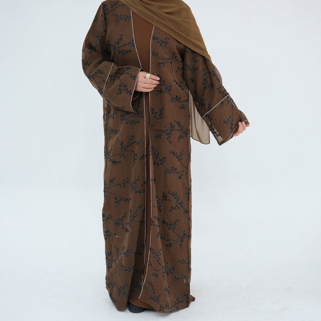 Fully Embroidered Abaya Set | Crystal Trim Vine Pattern Cardigan & Dress (MOA262)
