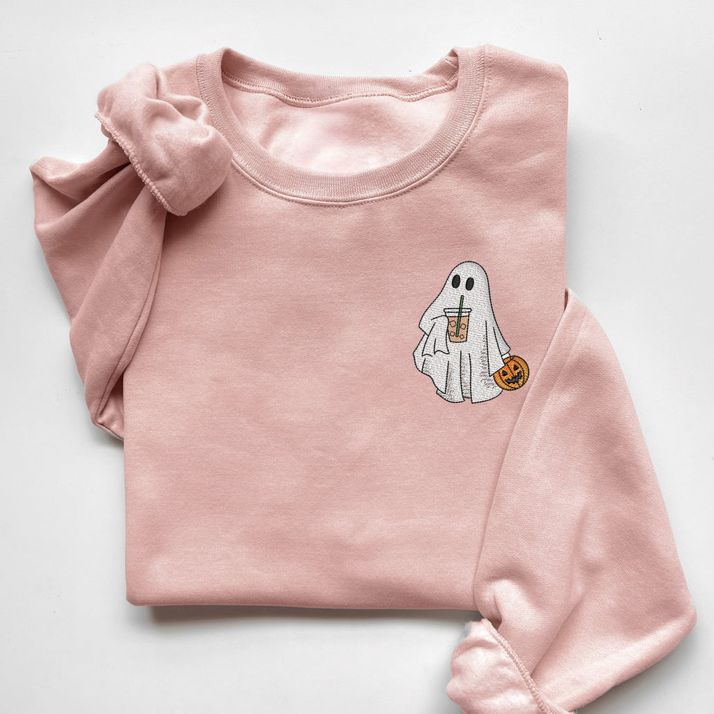 Embroidered Iced Coffee Ghost Funny Halloween Sweatshirt