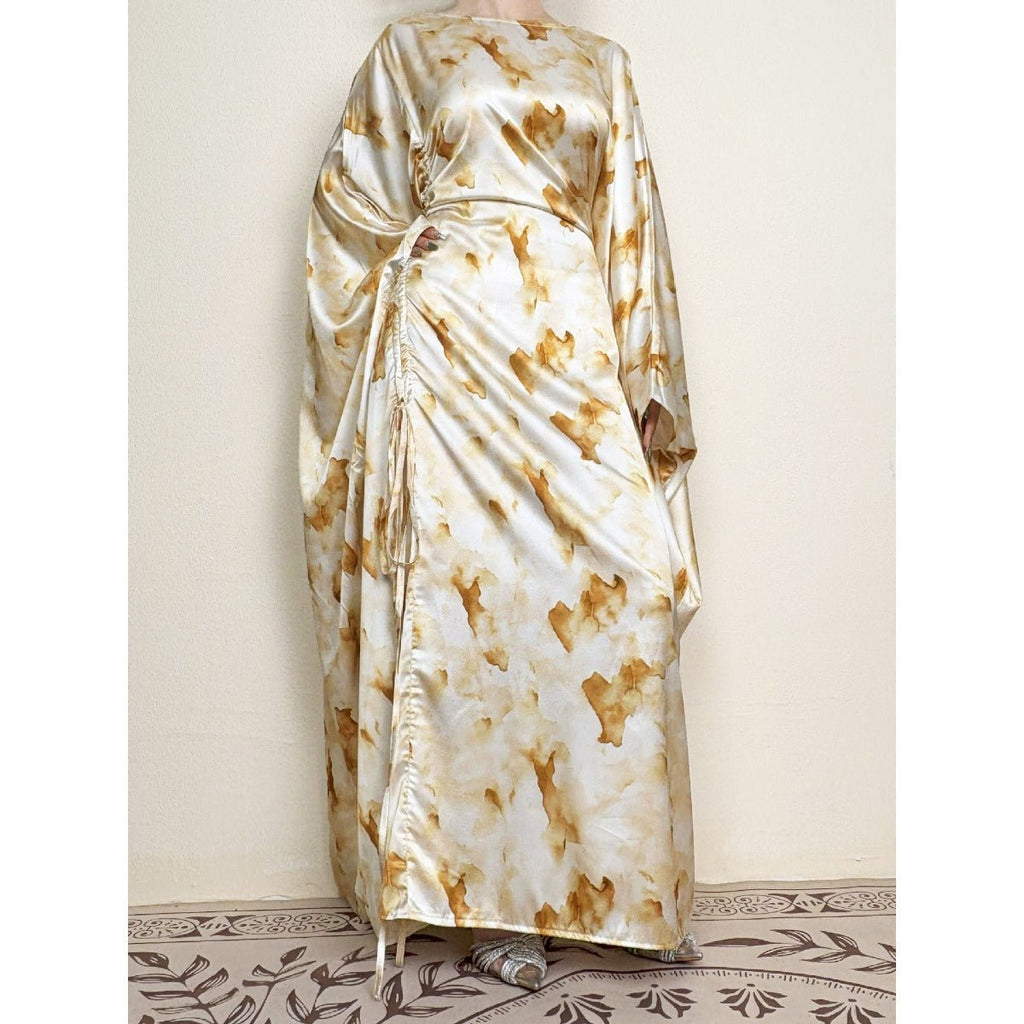 Golden Marble Print Satin Dress | Bell Sleeve Maxi with Adjustable Drawstring Waist (MA244)