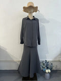 Grey Loose Long Sleeve Shirt & Elastic Waist Fish Tail Skirt Outfit Casual Two-Piece Set(MA207)