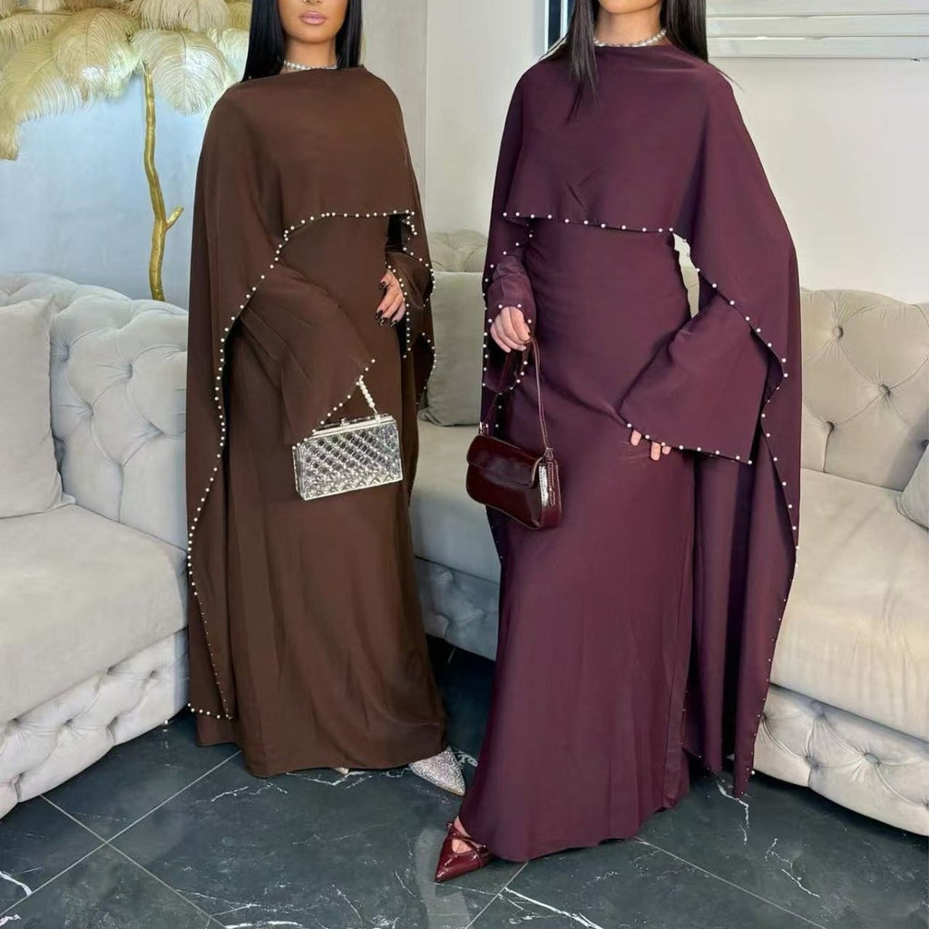 Hand-Beaded Pearl Cape Sleeve Nida Maxi Dress(MS439)
