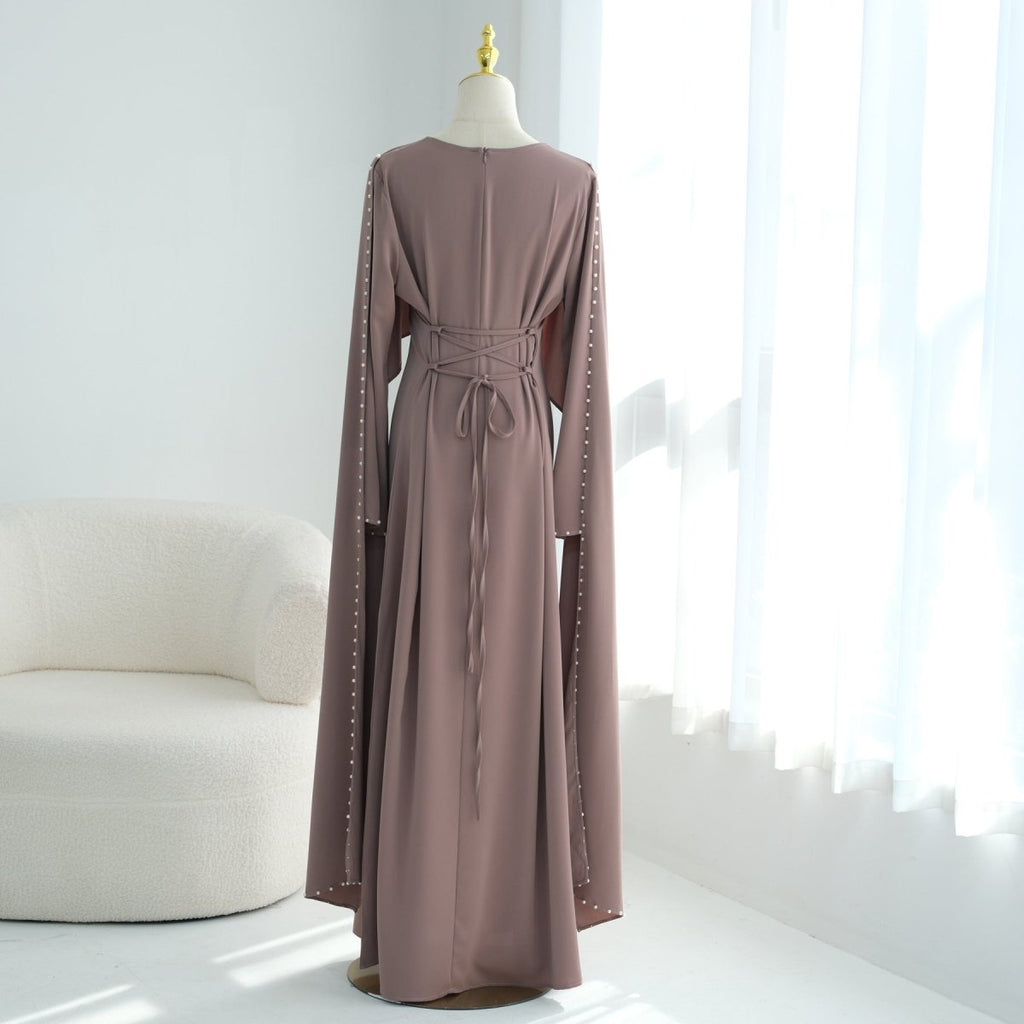 Hand-Beaded Pearl Cape Sleeve Nida Maxi Dress(MS439)