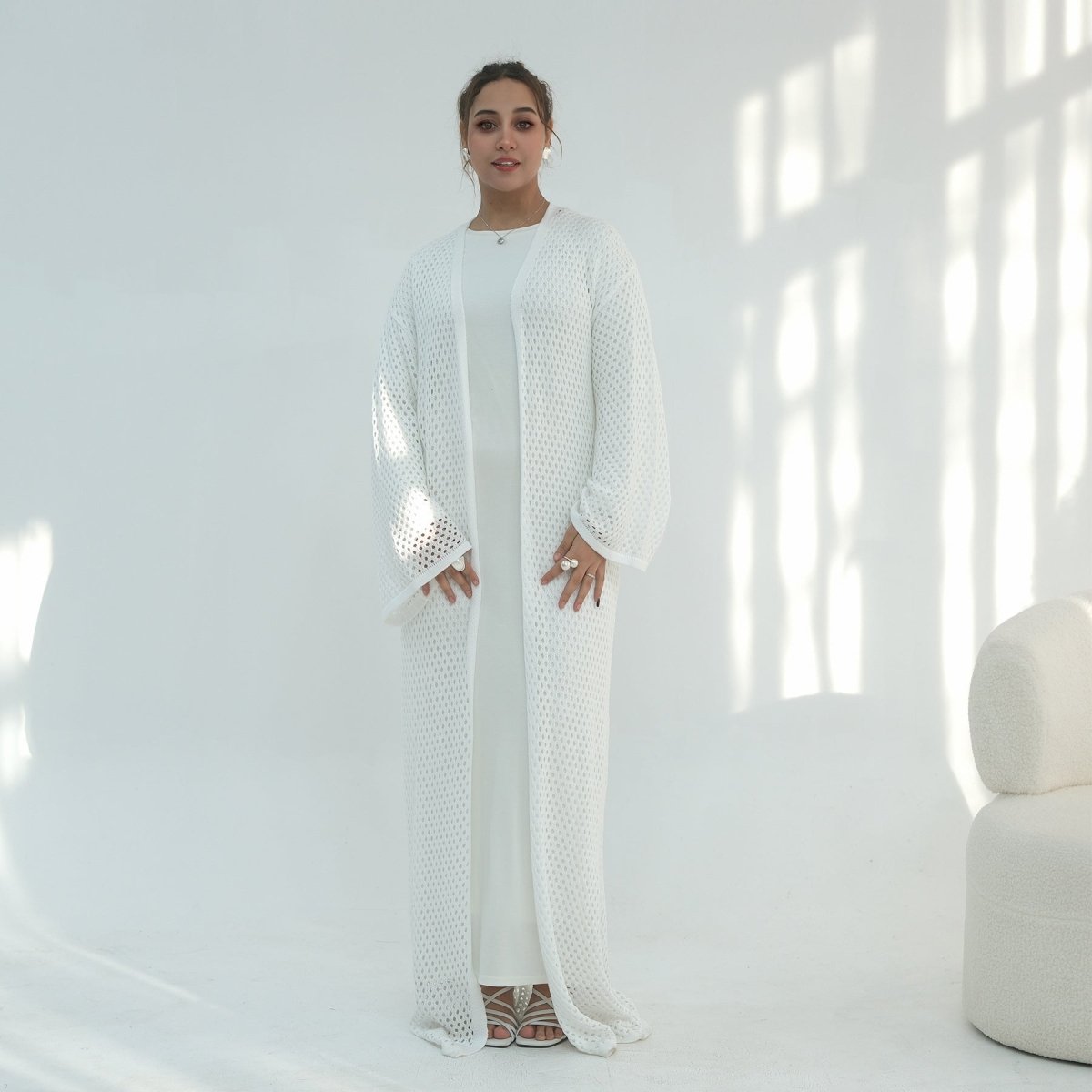 Hollow-Out Knit Open Abaya Cardigan with Waist Belt(MOA315)