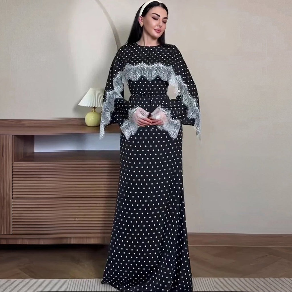 Lace Splice Satin Maxi Dress with Fixed Cape(MS438)