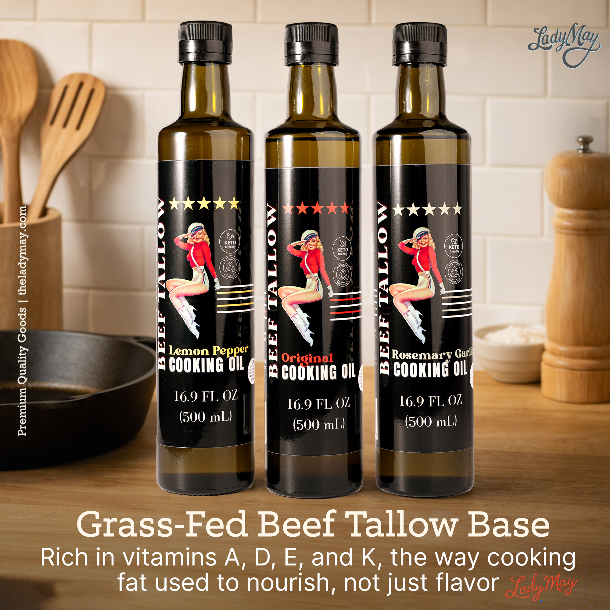 Cooking Oil Trio Bundle | Grass-Fed Beef Tallow & Olive Oil | Original, Rosemary Garlic & Lemon Pepper | Clean High-Heat Cooking from Our Restaurant Kitchen