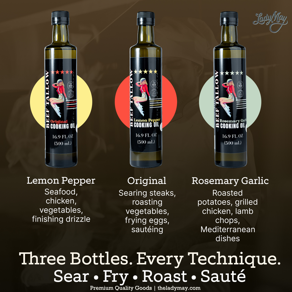 Cooking Oil Trio Bundle | Grass-Fed Beef Tallow & Olive Oil | Original, Rosemary Garlic & Lemon Pepper | Clean High-Heat Cooking from Our Restaurant Kitchen