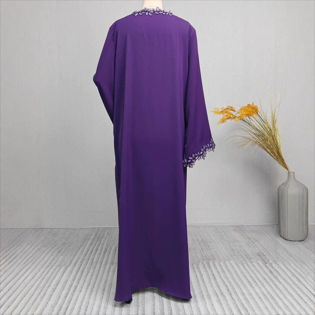 Leaf Lace Trim Abaya | Elegant Embroidered Open-Front Maxi Dress(MOA255)