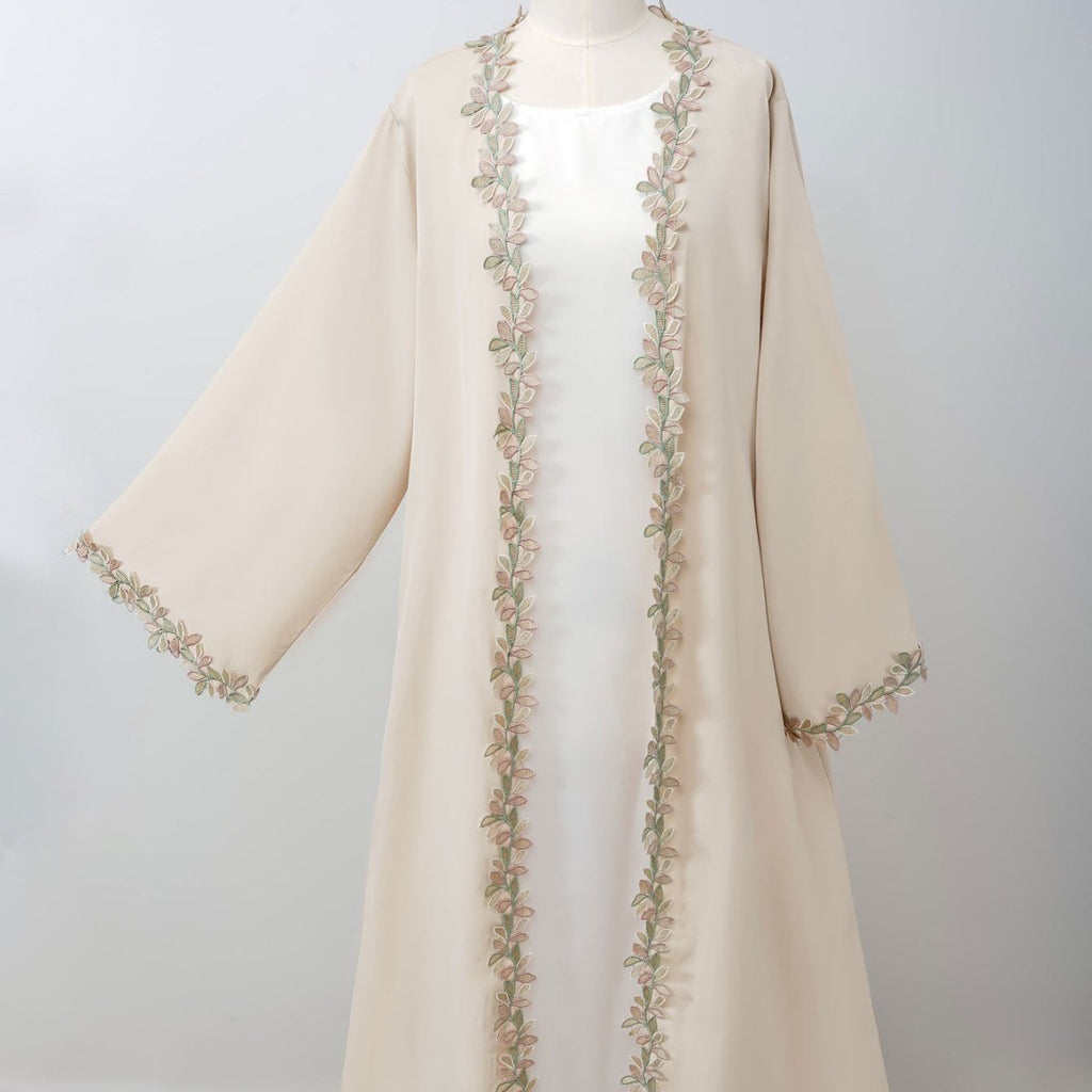 Leaf Lace Trim Abaya | Elegant Embroidered Open-Front Maxi Dress(MOA255)