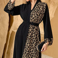 Leopard Print Colorblock Abaya | Deep V-Neck Belted Maxi Dress(MS213)