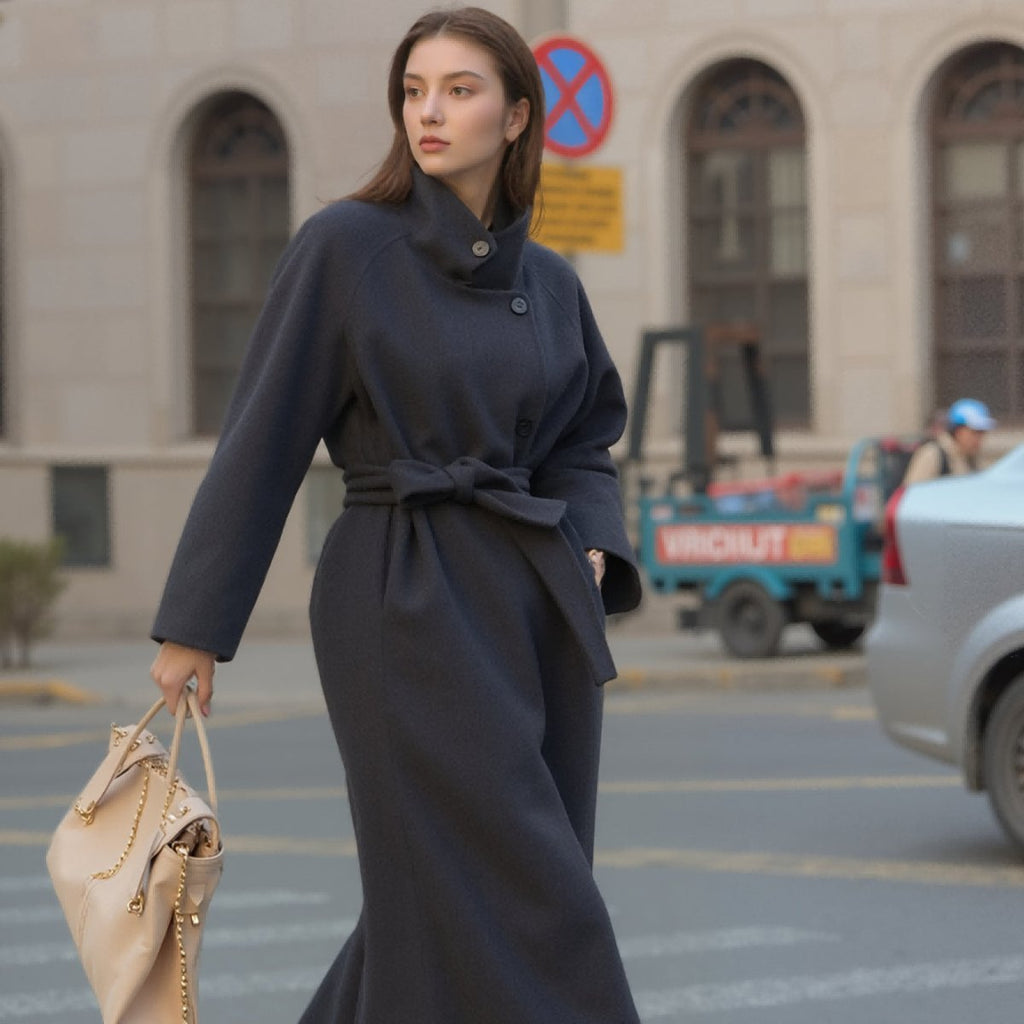 Long Wool Blend Trench Coat Abaya | Double-Breasted Belted Overcoat(MS188)