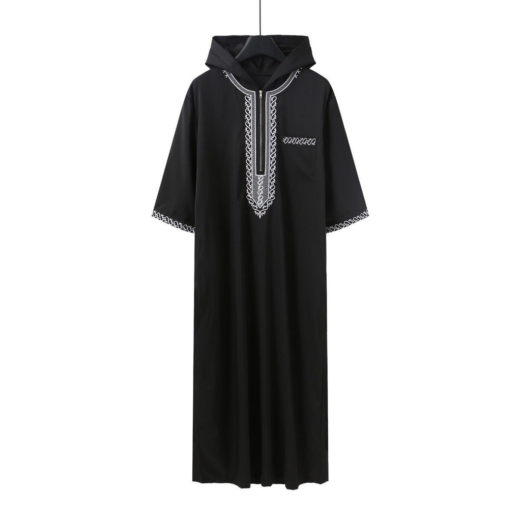Luxury Loose Fit Hooded Premium Embroidered Men's Thobe Robe with Zipper & Islamic Calligraphy Design (MT024)
