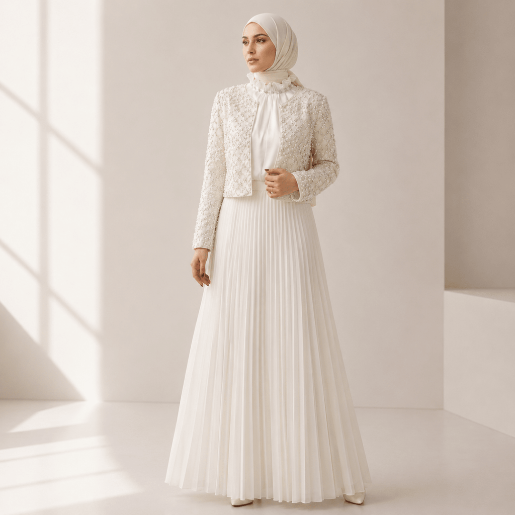 Luxury Pearl Beaded Diamond Grid Jacket & Pleated Dress Set(MS403)