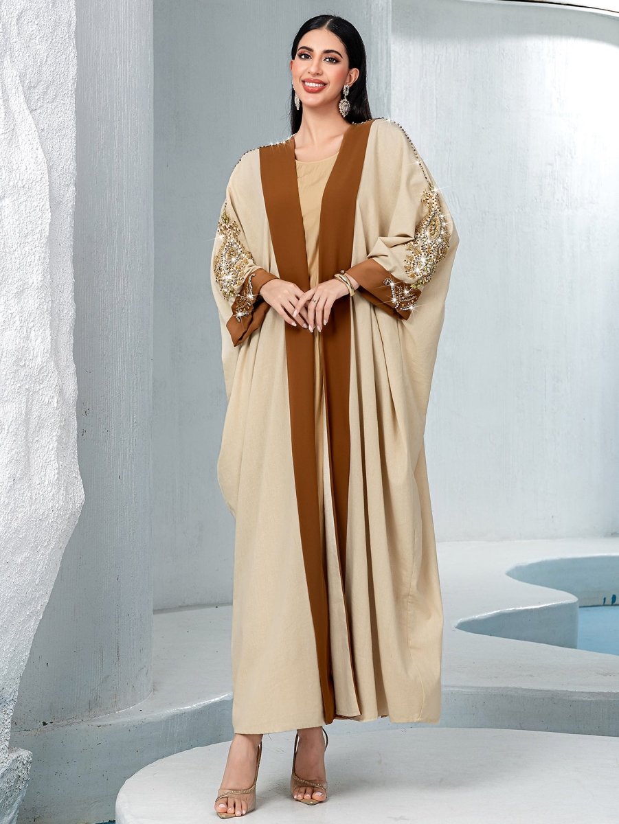 Luxury Rust Bead Muslim Wedding & Party Khaki Gold Embroidered Contrast Jacket Abaya(MOA158)