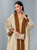 Luxury Rust Bead Muslim Wedding & Party Khaki Gold Embroidered Contrast Jacket Abaya(MOA158)