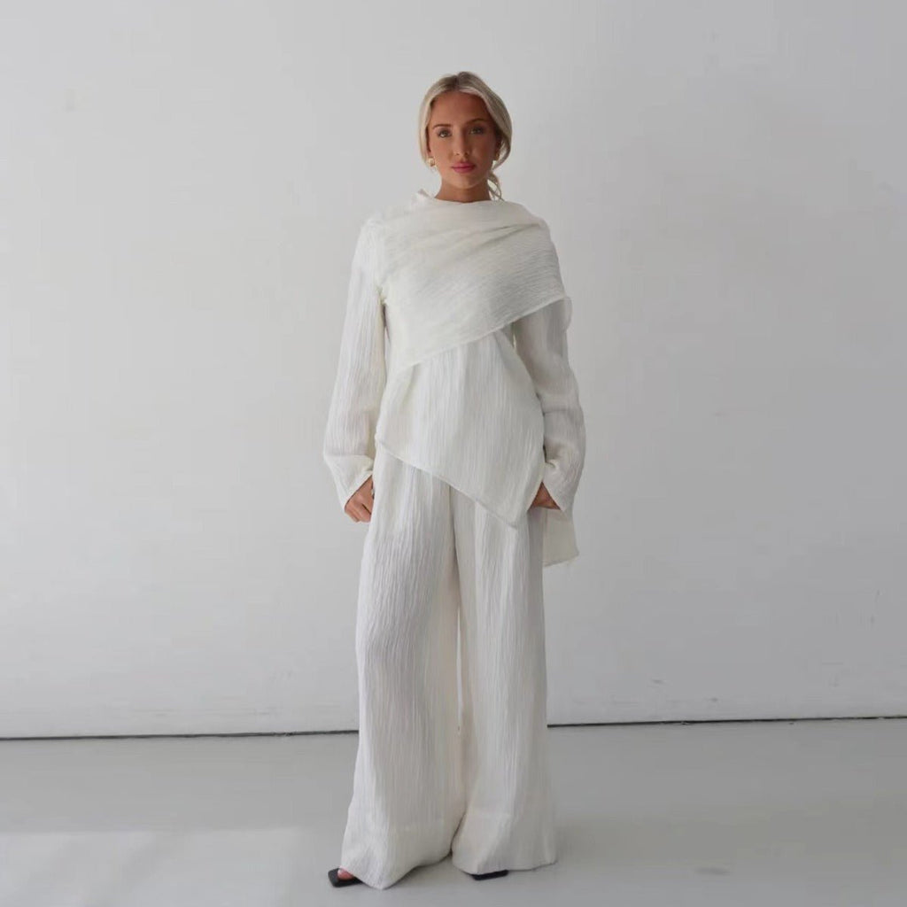 Minimalist Luxury Modest Lounge Two-Piece Set | Asymmetrical Cardigan & Wide-Leg Pants (MS093)