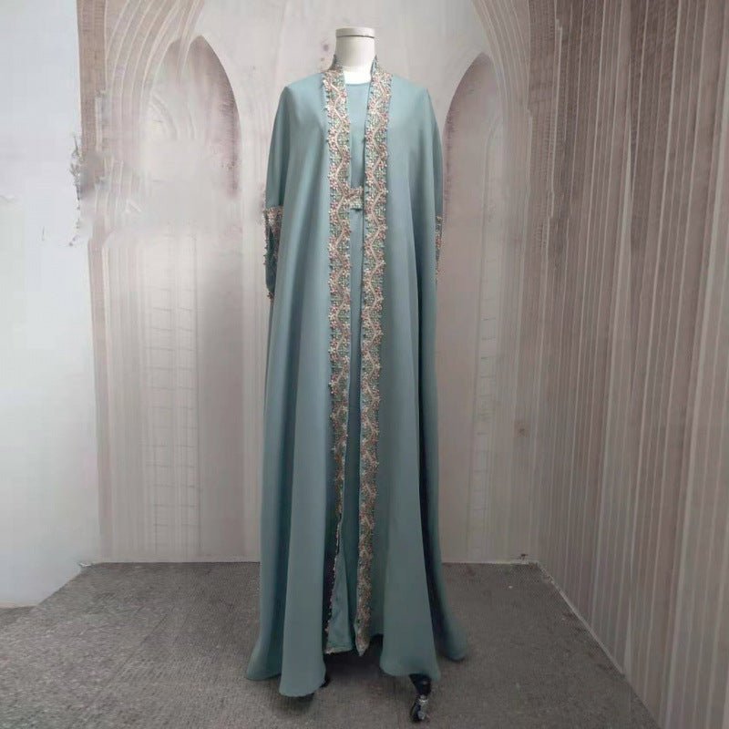 Mint Gold Bell Sleeve Abaya & Robe | Formal Muslim Luxury Two-Piece (MOA177)