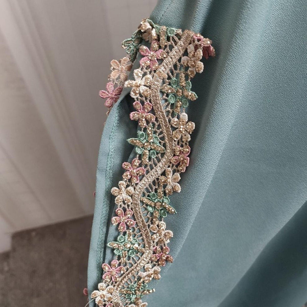 Mint Gold Bell Sleeve Abaya & Robe | Formal Muslim Luxury Two-Piece (MOA177)