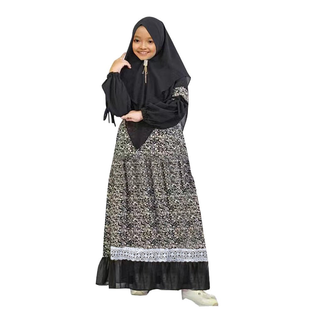 Girls Patchwork Floral Kid Abaya 2-Piece Set(MKG012)