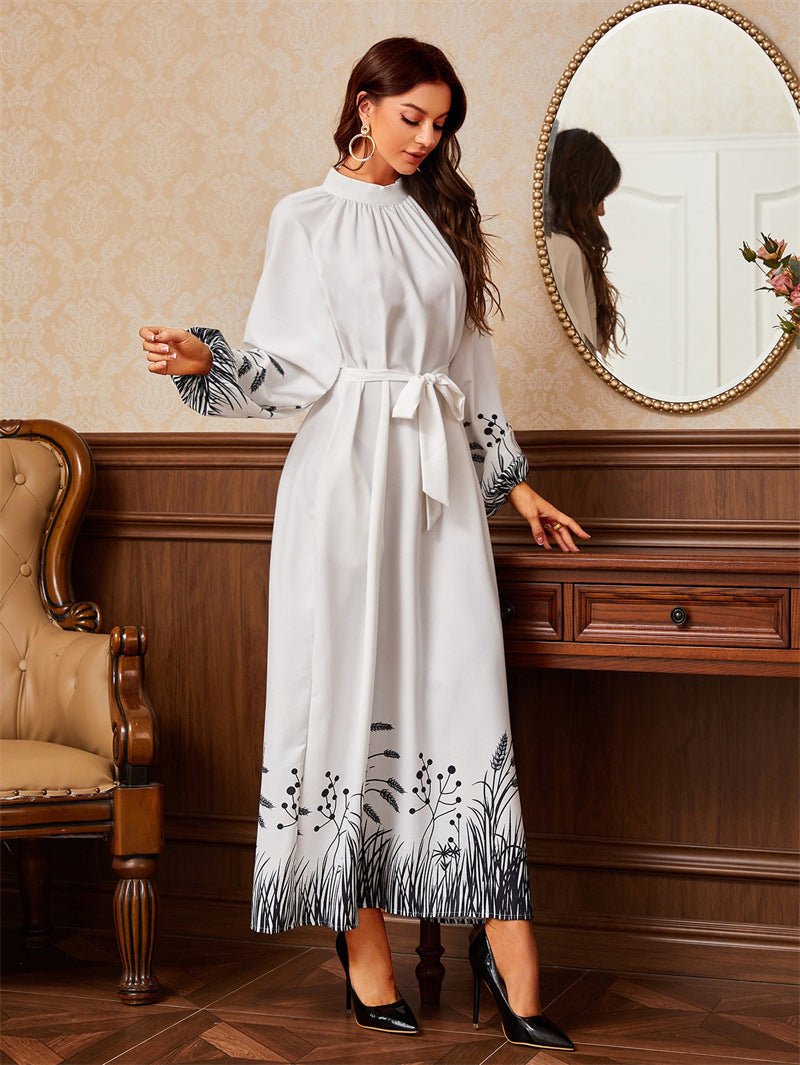 Modest Elegant Botanical Print Maxi Dress | White Crew Neck Long Sleeve Dress(MA267)