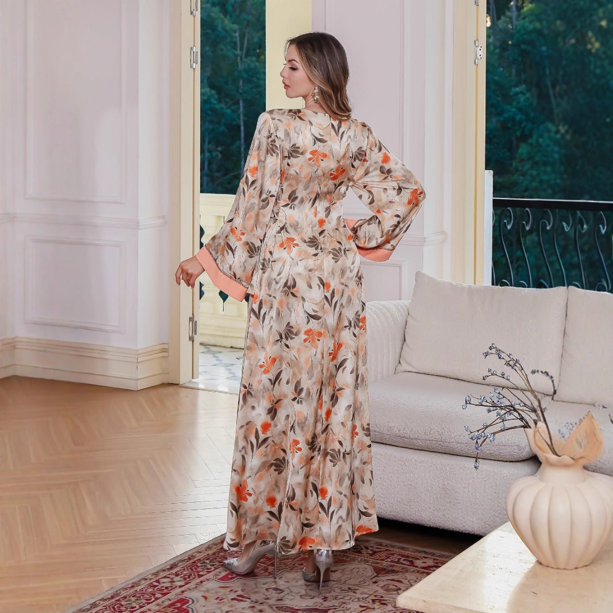 Modest Luxury Botanical Print Abaya | Cream & Orange Floral Robe Dress with Elegant Sleeve Details (MA260)