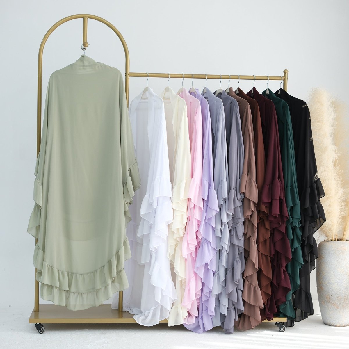 Soft Solid Color Muslim Hijabs with Flowy Cape Design |  Double-Layer Ruffle-Edged Big Swing Headscarf (MK023)