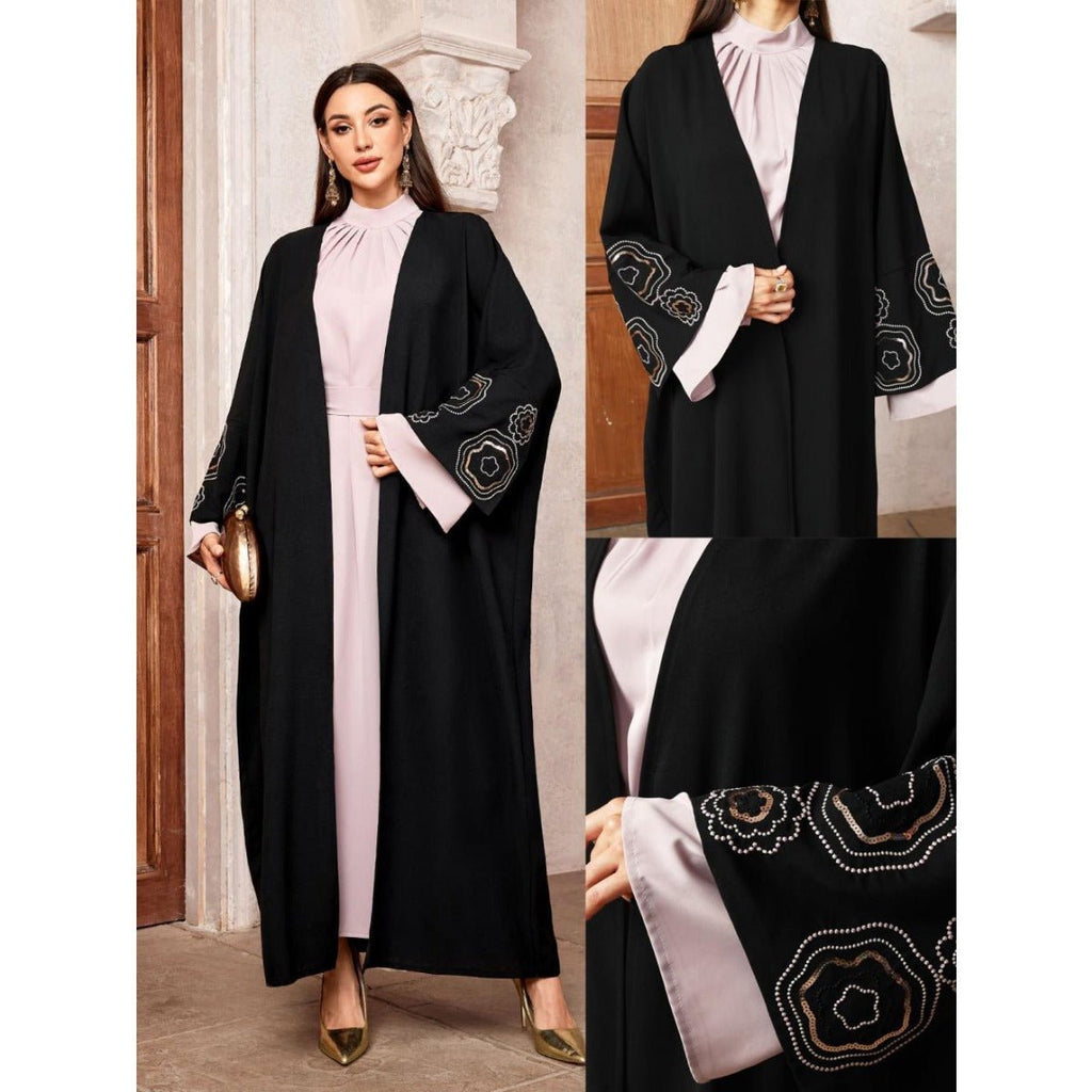 Modest Muslim Luxury Batwing Abaya Set | Black Embroidered Cardigan & Lavender Dress (MOA181)