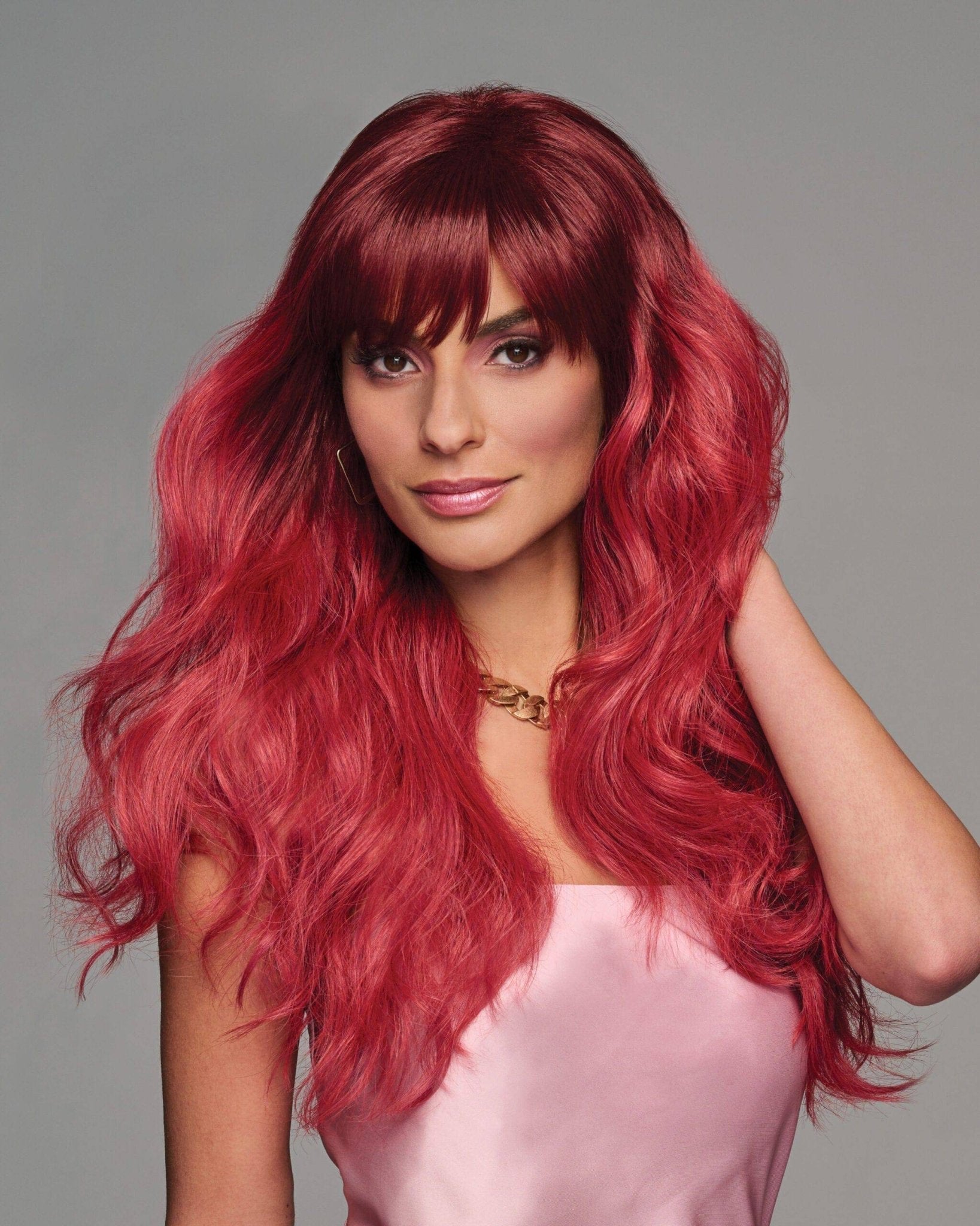 VIP Extensions That's My Jam Cherry Red Wavy Wig with Bangs