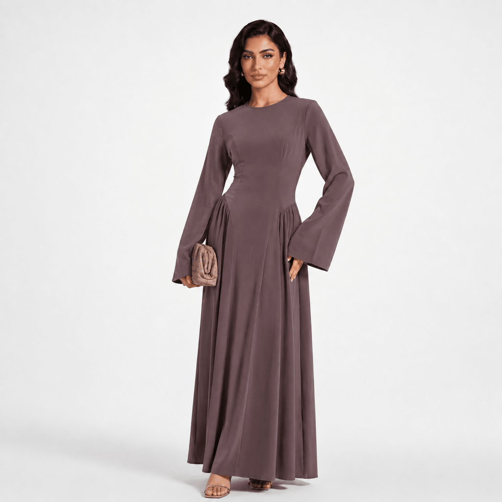 Nida Flared Maxi Dress with Pleated A-Line Skirt & Wide Bell Sleeves(MS435)