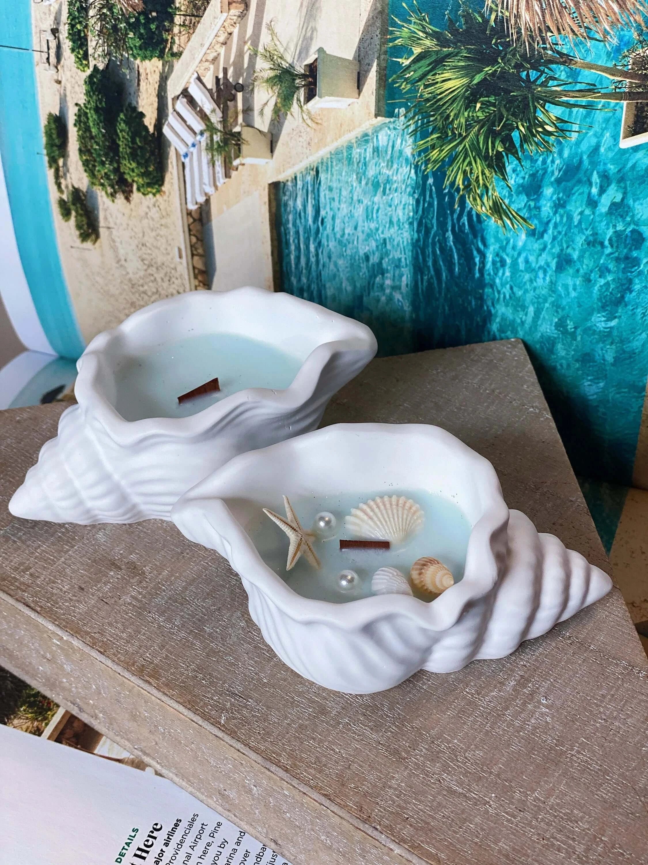 Ocean's Whisper Sea Shell Candle — Jesmonite Vessel, Coastal Soy Wax
