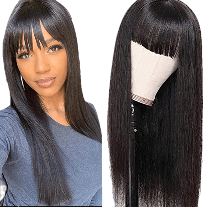 Victoria Spotlight Straight Human Hair Wig with Bangs 130% Density, Natural Black, 20 in