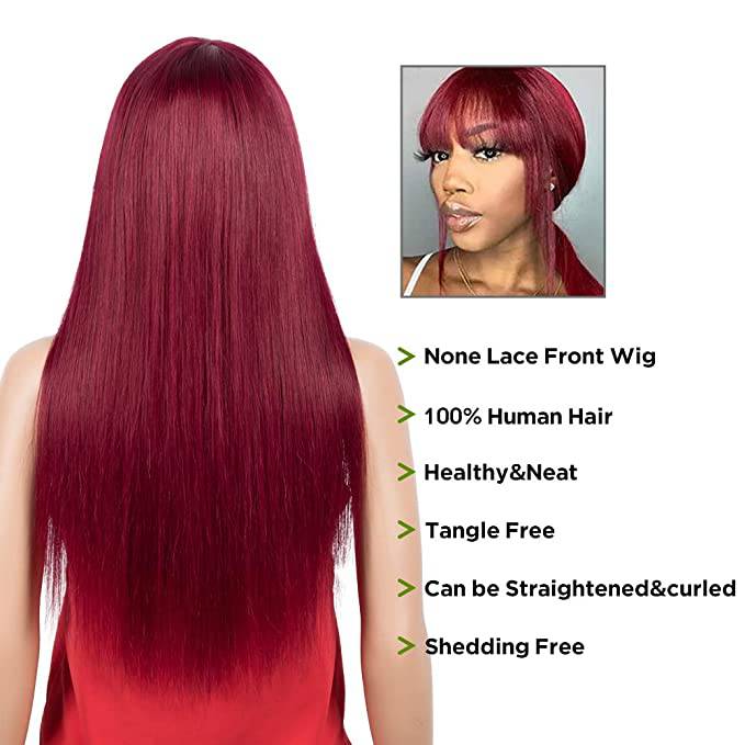 Victoria Spotlight Straight Human Hair Wig with Bangs 130% Density, Burgundy, 28 in
