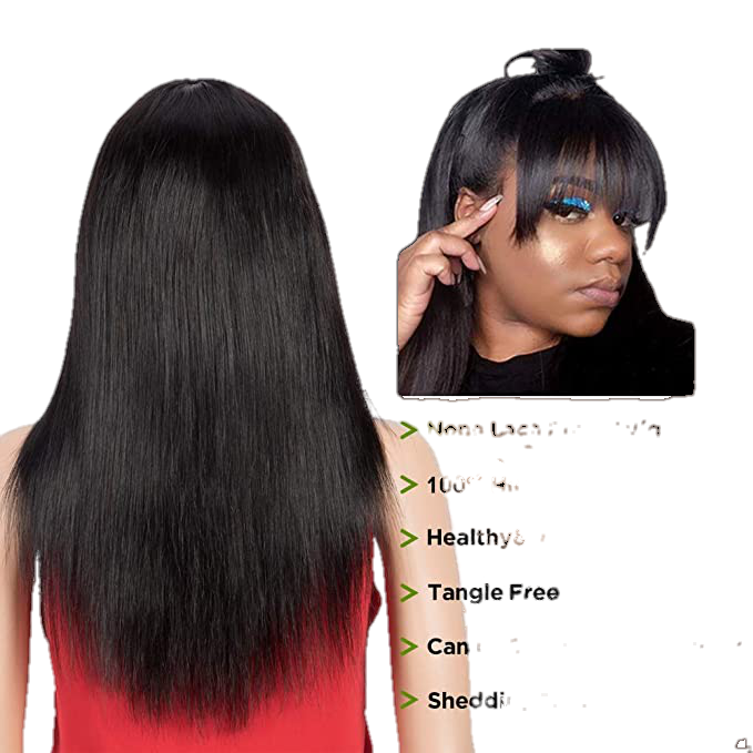 Victoria Spotlight Straight Human Hair Wig with Bangs 130% Density, Natural Black, 20 in