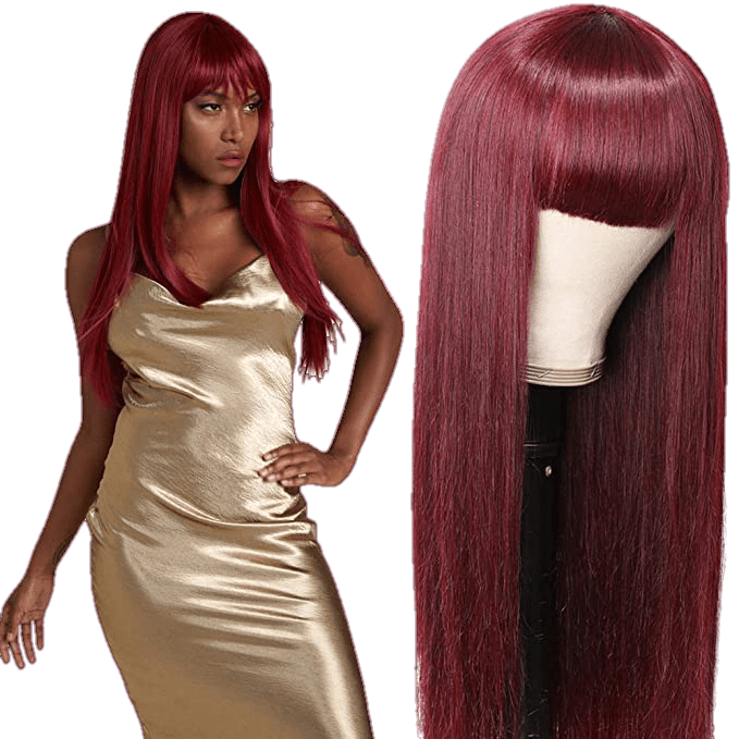 Victoria Spotlight Straight Human Hair Wig with Bangs 130% Density, Burgundy, 28 in