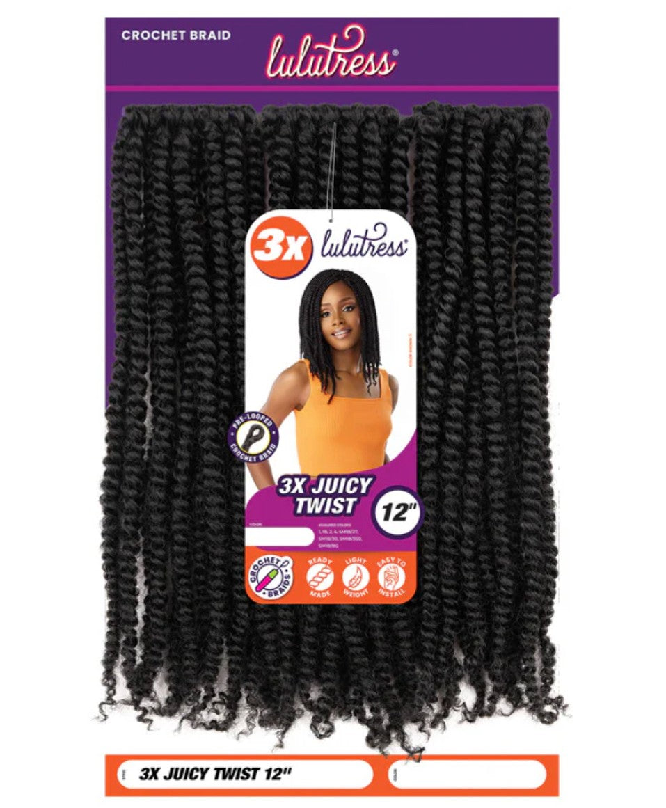 Sensationnel Lulutress 3X Juicy Twist Crochet Braiding Hair, 1B Off Black, 12 in