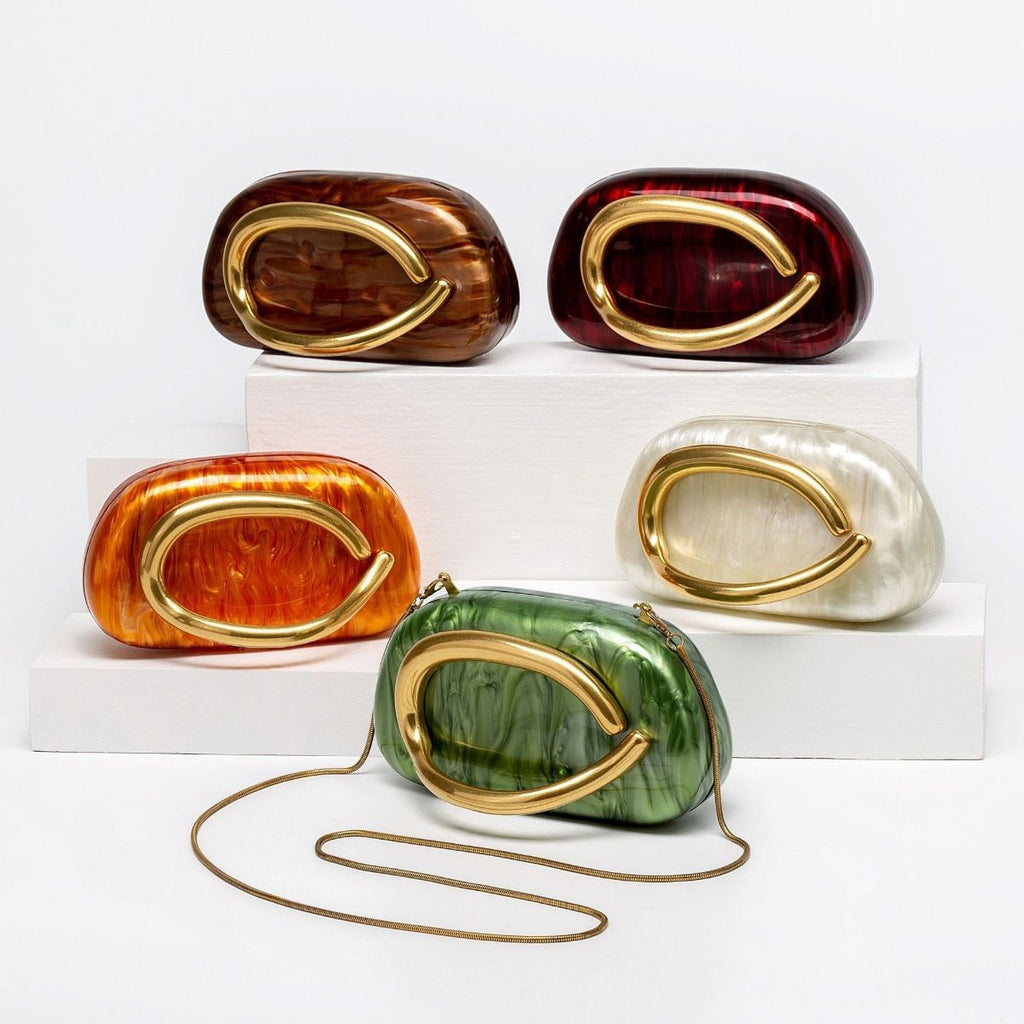 Pearlized Acrylic Gold-Tone Ring Handle Evening Bag - Wedding Banquet Shoulder Messenger Purse (MAC250)