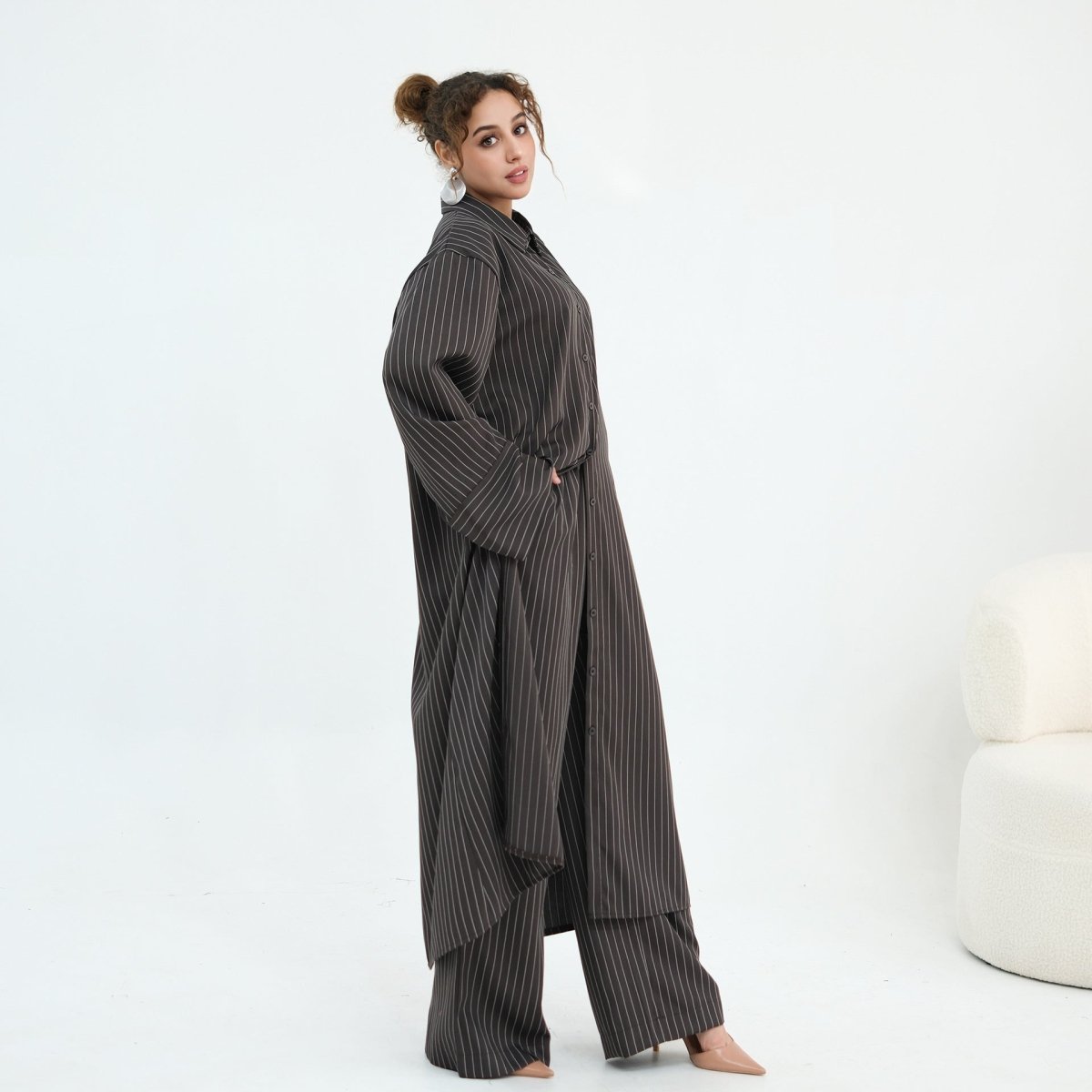 Pinstripe Oversized Shirt & Wide-Leg Trouser Set(MS452)