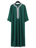 Premium Embroidered Men's Thobe Luxury Loose Fit V-Neck Muslim Robe with Handcrafted White Embroidery (MT025)