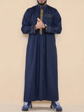 Premium Embroidered Stand Collar Thobe Navy & White Loose Fit Muslim Robe with Gold Stitching - Modest Casual Wear (MT034)