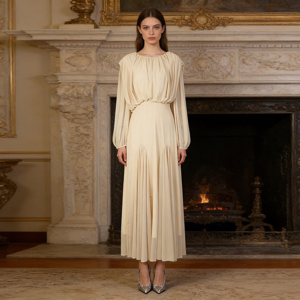 Round Neck Ruched Bodice Lantern Sleeve Floor-Length Dress(MS402)